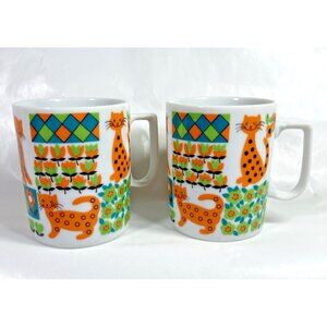 Persian Japan R 8010 Coffee Tea Mug Retro Orange Cat Flowers Set of 2